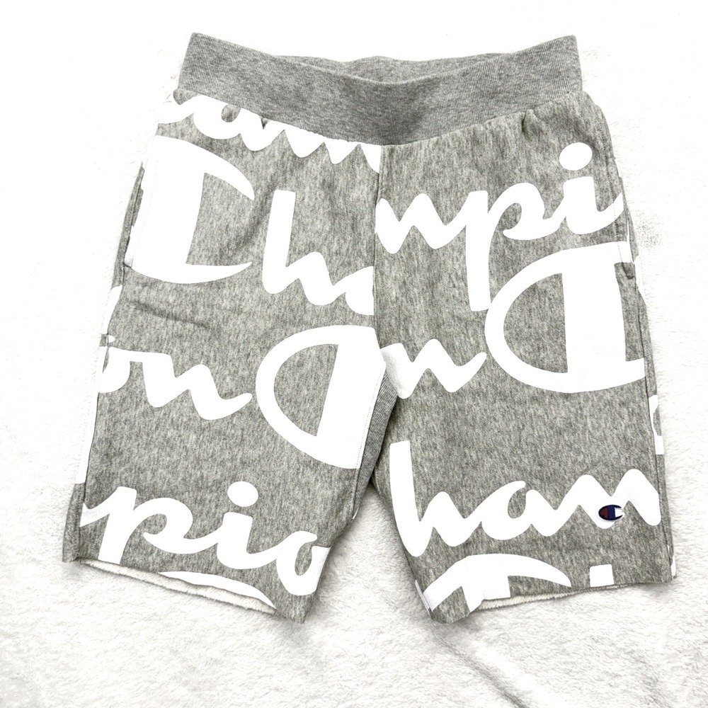 Champion Reverse Weave Shorts Sz Medium Grey All Over Print Script Sweat Shorts